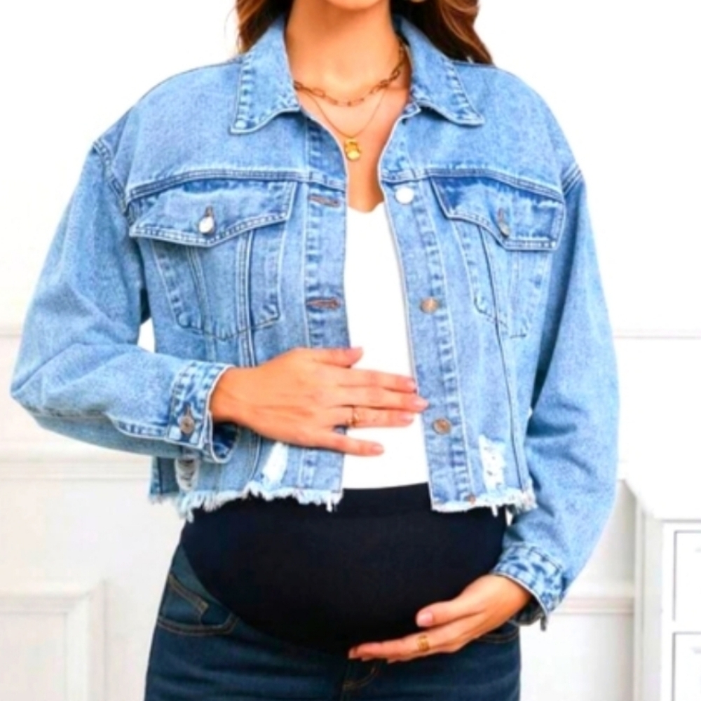 Maternity Light Blue Distressed Cropped‎ Denim Jacket